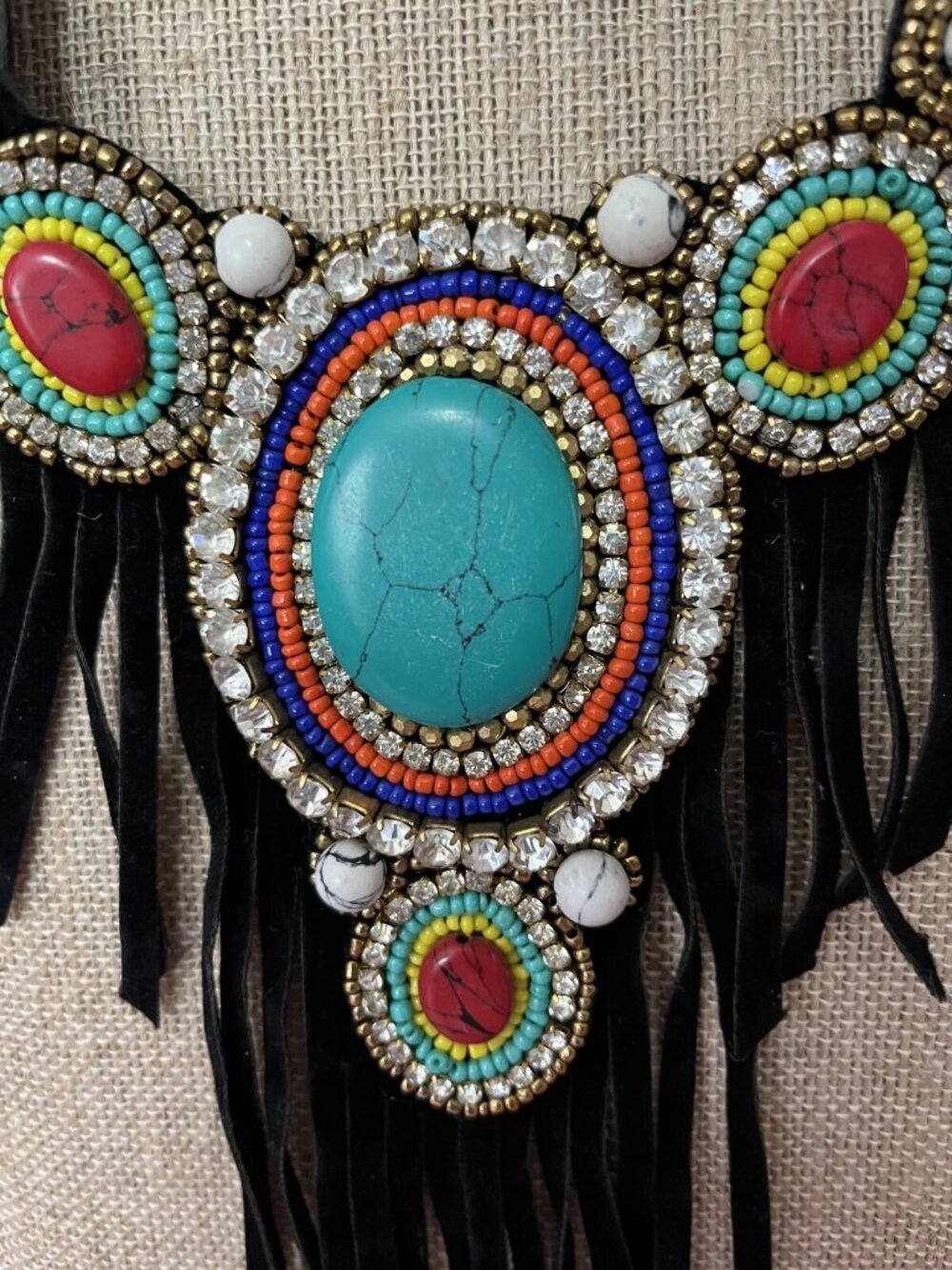 Bohemian Beaded Necklace & Earrings Set With Turquoise & Red Stones - Picture 2 of 6